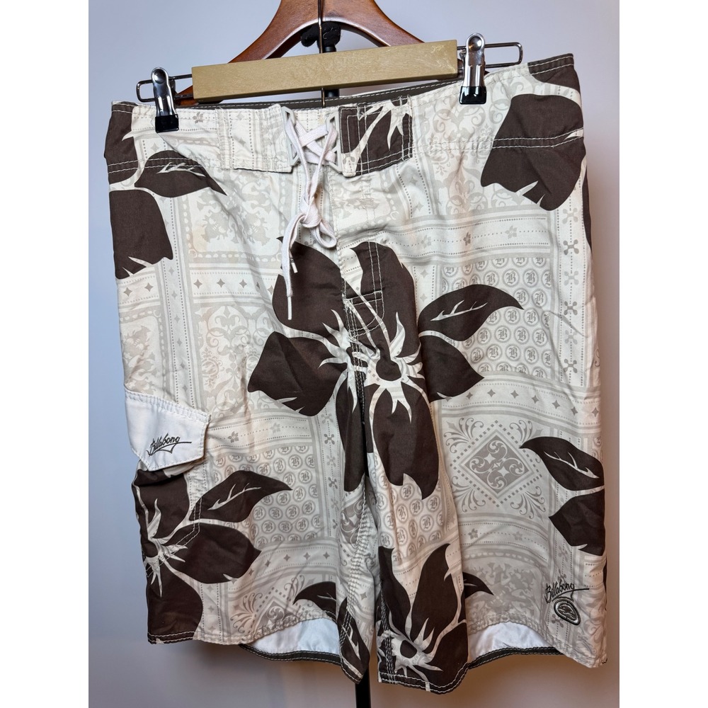 Billabong Mens Board Shorts Size 34 Brown Cream Floral Hibiscus M129ABLA
